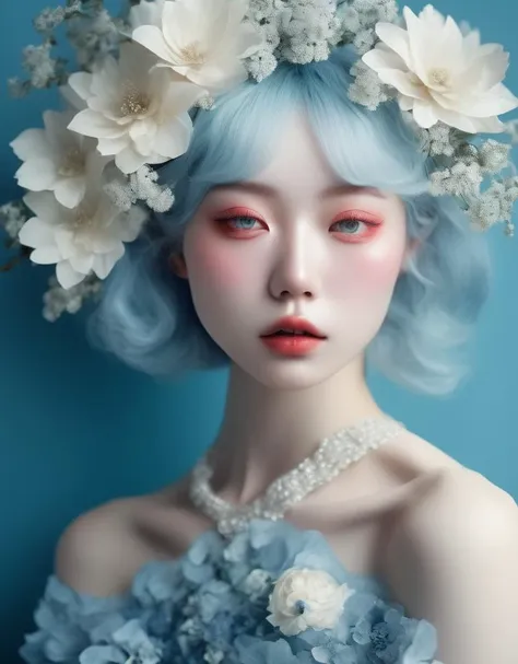 a commercial photo portrait of instagram model, the Ethereal Portraits, fashionable 2020's Japanese girl, detailed skin texture, 16yo girl, hyper real photo, , Albinism and Heterochromia by Bella Kotak, girly portrait in studio shoots, Albina Albina, Feminine portrait, bust-up shot, intricate fantasy dress,
taken by professional studio lighting, 150mm lens, PhaseOne, digital backs, medium format,
, 150mm portrait, photography, photo taken with a Hasselblad H4D, taken with PhaseOne IQ180, IQ160, IQ140, P65+, P45+, "digital back", extremely detailed, Leaf Aptus, perfect skin, detailed skin, hyper reality, perfect face,
(jay blue:1.6) hair, (jay blue:1.6) background, dress head completely covered with (jay blue:1.6) flowers, (jay blue:1.6) color filter,