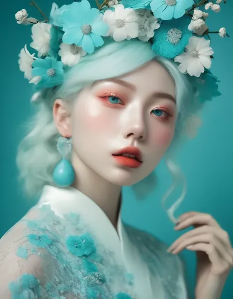 a commercial photo portrait of instagram model, the Ethereal Portraits, fashionable 2020's Japanese girl, detailed skin texture, 16yo girl, hyper real photo, , Albinism and Heterochromia by Bella Kotak, girly portrait in studio shoots, Albina Albina, Feminine portrait, bust-up shot, intricate fantasy dress,
taken by professional studio lighting, 150mm lens, PhaseOne, digital backs, medium format,
, 150mm portrait, photography, photo taken with a Hasselblad H4D, taken with PhaseOne IQ180, IQ160, IQ140, P65+, P45+, "digital back", extremely detailed, Leaf Aptus, perfect skin, detailed skin, hyper reality, perfect face,
(turquoise blue:1.6) hair, (turquoise blue:1.6) background, dress head completely covered with (turquoise blue:1.6) flowers, (turquoise blue:1.6) color filter,