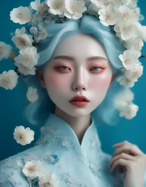 a commercial photo portrait of instagram model, the Ethereal Portraits, fashionable 2020's Japanese girl, detailed skin texture, 16yo girl, hyper real photo, , Albinism and Heterochromia by Bella Kotak, girly portrait in studio shoots, Albina Albina, Feminine portrait, bust-up shot, intricate fantasy dress,
taken by professional studio lighting, 150mm lens, PhaseOne, digital backs, medium format,
, 150mm portrait, photography, photo taken with a Hasselblad H4D, taken with PhaseOne IQ180, IQ160, IQ140, P65+, P45+, "digital back", extremely detailed, Leaf Aptus, perfect skin, detailed skin, hyper reality, perfect face,
(horizon blue:1.6) hair, (horizon blue:1.6) background, dress head completely covered with (horizon blue:1.6) flowers, (horizon blue:1.6) color filter,
