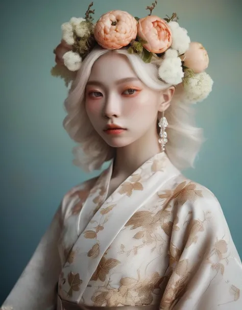 a commercial photo portrait of instagram model, the Ethereal Portraits, fashionable 2020's Japanese girl, detailed skin texture, 16yo girl, hyper real photo, , Albinism and Heterochromia by Bella Kotak, girly portrait in studio shoots, Albina Albina, Feminine portrait, bust-up shot, intricate fantasy dress,
taken by professional studio lighting, 150mm lens, PhaseOne, digital backs, medium format,
, 150mm portrait, photography, photo taken with a Hasselblad H4D, taken with PhaseOne IQ180, IQ160, IQ140, P65+, P45+, "digital back", extremely detailed, Leaf Aptus, perfect skin, detailed skin, hyper reality, perfect face,
(tan:1.6) hair, (tan:1.6) background, dress head completely covered with (tan:1.6) flowers, (tan:1.6) color filter,