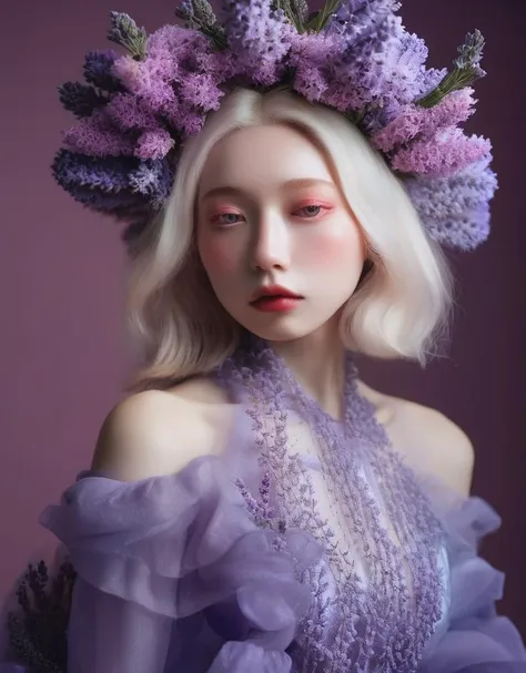 a commercial photo portrait of instagram model, the Ethereal Portraits, fashionable 2020's Japanese girl, detailed skin texture, 16yo girl, hyper real photo, , Albinism and Heterochromia by Bella Kotak, girly portrait in studio shoots, Albina Albina, Feminine portrait, bust-up shot, intricate fantasy dress,
taken by professional studio lighting, 150mm lens, PhaseOne, digital backs, medium format,
, 150mm portrait, photography, photo taken with a Hasselblad H4D, taken with PhaseOne IQ180, IQ160, IQ140, P65+, P45+, "digital back", extremely detailed, Leaf Aptus, perfect skin, detailed skin, hyper reality, perfect face,
(lavender:1.6) hair, (lavender:1.6) background, dress head completely covered with (lavender:1.6) flowers, (lavender:1.6) color filter,