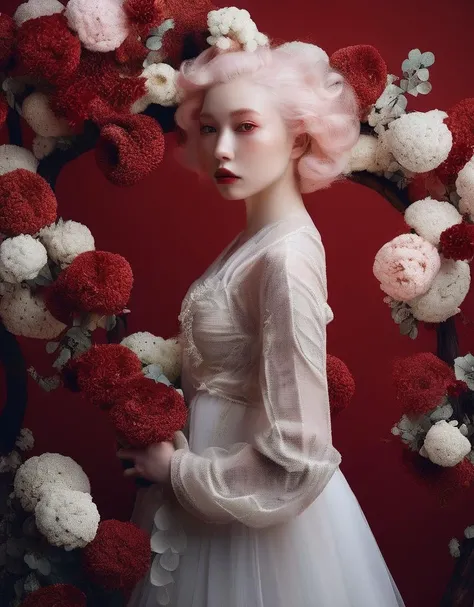a commercial photo portrait of instagram model, the Ethereal Portraits, fashionable 2020's Japanese girl, detailed skin texture, 16yo girl, hyper real photo, , Albinism and Heterochromia by Bella Kotak, girly portrait in studio shoots, Albina Albina, Feminine portrait, bust-up shot, intricate fantasy dress,
taken by professional studio lighting, 150mm lens, PhaseOne, digital backs, medium format,
, 150mm portrait, photography, photo taken with a Hasselblad H4D, taken with PhaseOne IQ180, IQ160, IQ140, P65+, P45+, "digital back", extremely detailed, Leaf Aptus, perfect skin, detailed skin, hyper reality, perfect face,
(deep red:1.6) hair, (deep red:1.6) background, dress head completely covered with (deep red:1.6) flowers, (deep red:1.6) color filter,