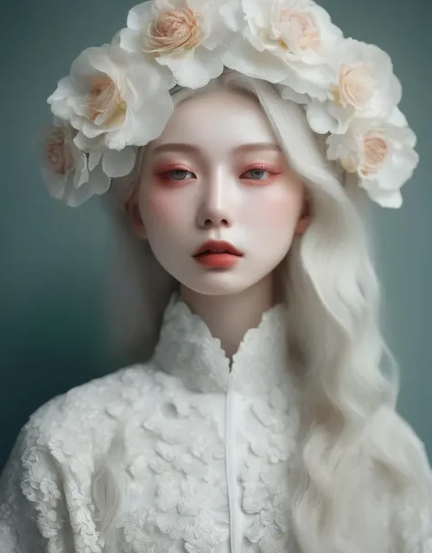 a commercial photo portrait of instagram model, the Ethereal Portraits, fashionable 2020's Japanese girl, detailed skin texture, 16yo girl, hyper real photo, , Albinism and Heterochromia by Bella Kotak, girly portrait in studio shoots, Albina Albina, Feminine portrait, bust-up shot, intricate fantasy dress,
taken by professional studio lighting, 150mm lens, PhaseOne, digital backs, medium format,
, 150mm portrait, photography, photo taken with a Hasselblad H4D, taken with PhaseOne IQ180, IQ160, IQ140, P65+, P45+, "digital back", extremely detailed, Leaf Aptus, perfect skin, detailed skin, hyper reality, perfect face,
(oyster white:1.6) hair, (oyster white:1.6) background, dress head completely covered with (oyster white:1.6) flowers, (oyster white:1.6) color filter,