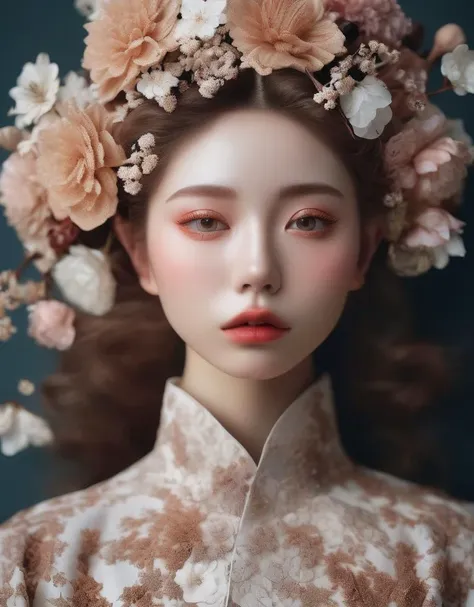 a commercial photo portrait of instagram model, the Ethereal Portraits, fashionable 2020's Japanese girl, detailed skin texture, yo girl, hyper real photo, , Albinism and Heterochromia by Bella Kotak, girly portrait in studio shoots, Albina Albina, Feminine portrait, bust-up shot, intricate fantasy dress,
taken by professional studio lighting, 150mm lens, PhaseOne, digital backs, medium format,
, 150mm portrait, photography, photo taken with a Hasselblad H4D, taken with PhaseOne IQ180, IQ160, IQ140, P65+, P45+, "digital back", extremely detailed, Leaf Aptus, perfect skin, detailed skin, hyper reality, perfect face,
(cocoa brown:1.6) hair, (cocoa brown:1.6) background, dress head completely covered with (cocoa brown:1.6) flowers, (cocoa brown:1.6) color filter,