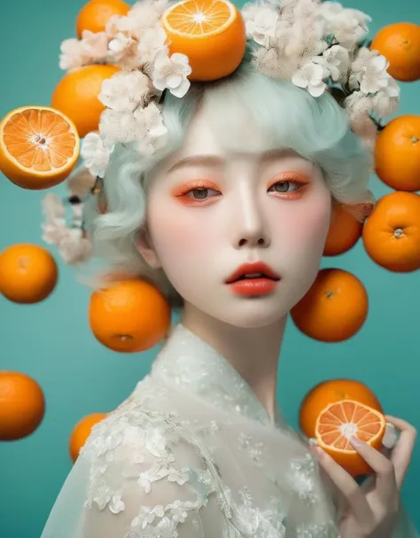 a close up of a woman with oranges in her hair