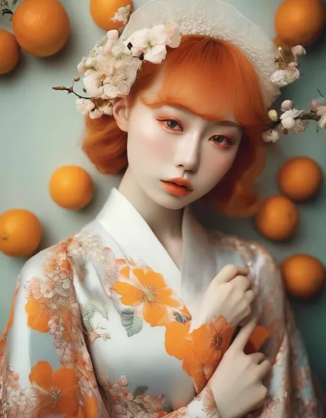 a commercial photo portrait of instagram model, the Ethereal Portraits, fashionable 2020's Japanese girl, detailed skin texture, 16yo girl, hyper real photo, , Albinism and Heterochromia by Bella Kotak, girly portrait in studio shoots, Albina Albina, Feminine portrait, bust-up shot, intricate fantasy dress,
taken by professional studio lighting, 150mm lens, PhaseOne, digital backs, medium format,
, 150mm portrait, photography, photo taken with a Hasselblad H4D, taken with PhaseOne IQ180, IQ160, IQ140, P65+, P45+, "digital back", extremely detailed, Leaf Aptus, perfect skin, detailed skin, hyper reality, perfect face,
(orange:1.6) hair, (orange:1.6) background, dress head completely covered with (orange:1.6) flowers, (orange:1.6) color filter,