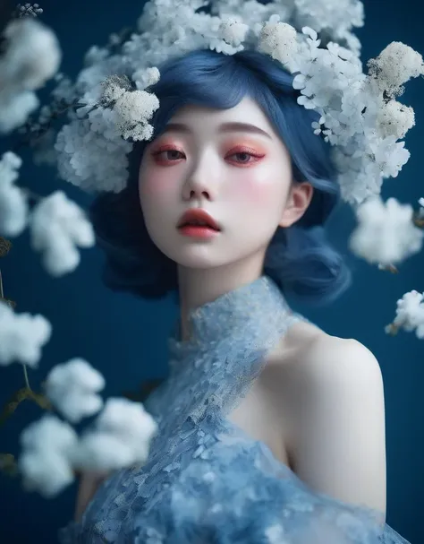 a commercial photo portrait of instagram model, the Ethereal Portraits, fashionable 2020's Japanese girl, detailed skin texture, yo girl, hyper real photo, , Albinism and Heterochromia by Bella Kotak, girly portrait in studio shoots, Albina Albina, Feminine portrait, bust-up shot, intricate fantasy dress,
taken by professional studio lighting, 150mm lens, PhaseOne, digital backs, medium format,
, 150mm portrait, photography, photo taken with a Hasselblad H4D, taken with PhaseOne IQ180, IQ160, IQ140, P65+, P45+, "digital back", extremely detailed, Leaf Aptus, perfect skin, detailed skin, hyper reality, perfect face,
(midnight blue:1.6) hair, (midnight blue:1.6) background, dress head completely covered with (midnight blue:1.6) flowers, (midnight blue:1.6) color filter,