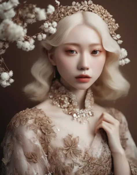 a commercial photo portrait of instagram model, the Ethereal Portraits, fashionable 2020's Japanese girl, detailed skin texture, 16yo girl, hyper real photo, , Albinism and Heterochromia by Bella Kotak, girly portrait in studio shoots, Albina Albina, Feminine portrait, bust-up shot, intricate fantasy dress,
taken by professional studio lighting, 150mm lens, PhaseOne, digital backs, medium format,
, 150mm portrait, photography, photo taken with a Hasselblad H4D, taken with PhaseOne IQ180, IQ160, IQ140, P65+, P45+, "digital back", extremely detailed, Leaf Aptus, perfect skin, detailed skin, hyper reality, perfect face,
(brown:1.6) hair, (brown:1.6) background, dress head completely covered with (brown:1.6) flowers, (brown:1.6) color filter,