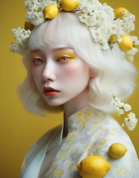 a commercial photo portrait of instagram model, the Ethereal Portraits, fashionable 2020's Japanese girl, detailed skin texture, yo girl, hyper real photo, , Albinism and Heterochromia by Bella Kotak, girly portrait in studio shoots, Albina Albina, Feminine portrait, bust-up shot, intricate fantasy dress,
taken by professional studio lighting, 150mm lens, PhaseOne, digital backs, medium format,
, 150mm portrait, photography, photo taken with a Hasselblad H4D, taken with PhaseOne IQ180, IQ160, IQ140, P65+, P45+, "digital back", extremely detailed, Leaf Aptus, perfect skin, detailed skin, hyper reality, perfect face,
(lemon yellow:1.6) hair, (lemon yellow:1.6) background, dress head completely covered with (lemon yellow:1.6) flowers, (lemon yellow:1.6) color filter,