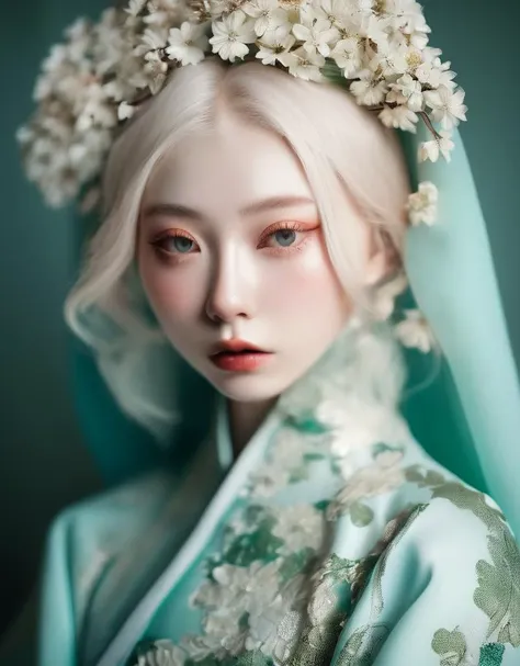 a commercial photo portrait of instagram model, the Ethereal Portraits, fashionable 2020's Japanese girl, detailed skin texture, 16yo girl, hyper real photo, , Albinism and Heterochromia by Bella Kotak, girly portrait in studio shoots, Albina Albina, Feminine portrait, bust-up shot, intricate fantasy dress,
taken by professional studio lighting, 150mm lens, PhaseOne, digital backs, medium format,
, 150mm portrait, photography, photo taken with a Hasselblad H4D, taken with PhaseOne IQ180, IQ160, IQ140, P65+, P45+, "digital back", extremely detailed, Leaf Aptus, perfect skin, detailed skin, hyper reality, perfect face,
(verdigris:1.6) hair, (verdigris:1.6) background, dress head completely covered with (verdigris:1.6) flowers, (verdigris:1.6) color filter,