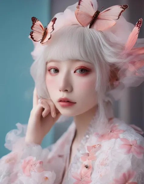 a commercial photo portrait of butterfly print fashion model, the Ethereal Portraits, fashionable 2020's Japanese girl, detailed skin texture, yo girl, hyper real photo, , Albinism and Heterochromia by Bella Kotak, girly portrait in studio shoots, Albina Albina, Feminine portrait, bust-up shot, intricate fantasy OOTD, Harajuku Girls' Fashion,
taken by professional studio lighting, 150mm lens, PhaseOne, digital backs, medium format,
, 150mm portrait, photography, photo taken with a Hasselblad H4D, taken with PhaseOne IQ180, IQ160, IQ140, P65+, P45+, "digital back", extremely detailed, Leaf Aptus, perfect skin, detailed skin, hyper reality, perfect face,