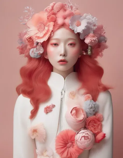 a commercial photo portrait of concept art, (by hsiao - ron cheng:1.4), bizarre compositions,  the Ethereal Portraits, fashionable 2020's Japanese girl, detailed skin texture, 16yo girl, hyper real photo, , Albinism and Heterochromia by Bella Kotak, girly portrait in studio shoots, Albina Albina, Feminine portrait, bust-up shot, intricate fantasy OOTD, Harajuku Girls' Fashion,( intricate, ornate:1.4), (pattern blend of flowers and girl:1.3)
taken by professional studio lighting, 150mm lens, PhaseOne, digital backs, medium format,
, 150mm portrait, photography, photo taken with a Hasselblad H4D, taken with PhaseOne IQ180, IQ160, IQ140, P65+, P45+, "digital back", extremely detailed, Leaf Aptus, perfect skin, detailed skin, hyper reality, perfect face,
(coral red:1.6) hair, (coral red:1.6) background, dress head completely covered with (coral red:1.6) flowers covering eyes, pastel colors,  (coral red:1.6) color filter,