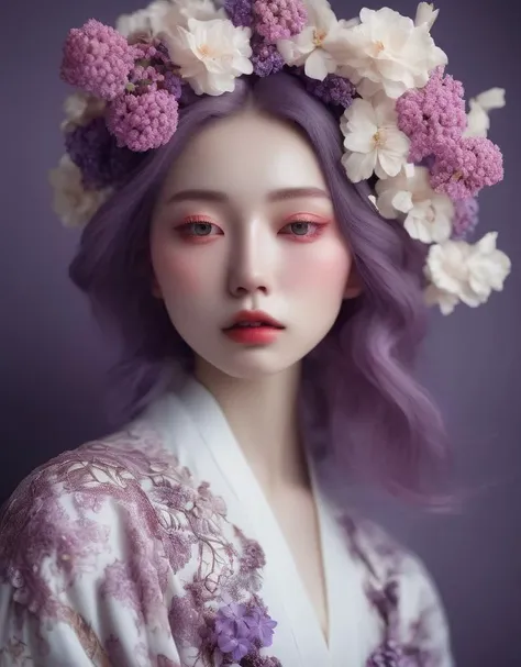 a commercial photo portrait of instagram model, the Ethereal Portraits, fashionable 2020's Japanese girl, detailed skin texture, yo girl, hyper real photo, , Albinism and Heterochromia by Bella Kotak, girly portrait in studio shoots, Albina Albina, Feminine portrait, bust-up shot, intricate fantasy dress,
taken by professional studio lighting, 150mm lens, PhaseOne, digital backs, medium format,
, 150mm portrait, photography, photo taken with a Hasselblad H4D, taken with PhaseOne IQ180, IQ160, IQ140, P65+, P45+, "digital back", extremely detailed, Leaf Aptus, perfect skin, detailed skin, hyper reality, perfect face,
(heliotrope:1.6) hair, (heliotrope:1.6) background, dress head completely covered with (heliotrope:1.6) flowers, (heliotrope:1.6) color filter,