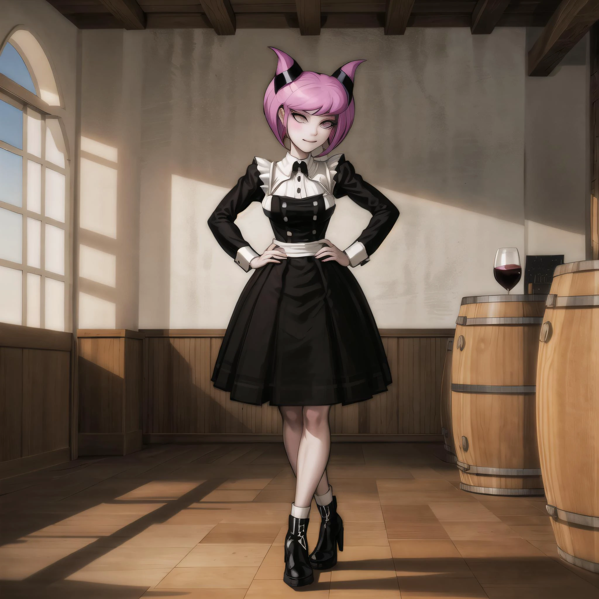(winery, gorgeous view)
(wide angle shot), POV, sfw, masterpiece, detailed clothing texture, best quality, beautiful face, 1girl, Jinx standing with hands on hips, maid outfit
<lora:oldJinx_TT_V2:0.5> , <lora:danganronpa:0.8>