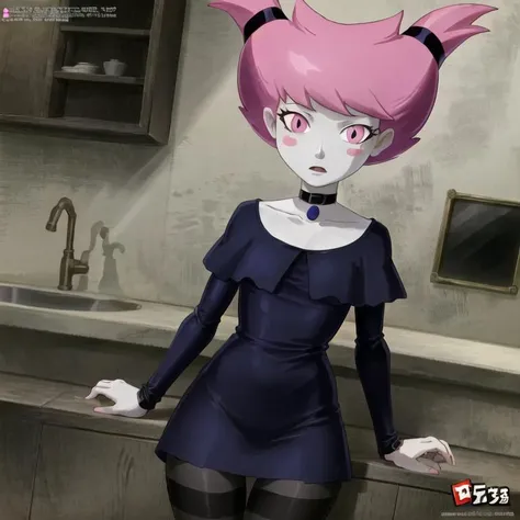 ((best quality)), ((highly detailed)), masterpiece, ((official art)), (detailed eyes, deep eyes), (1girl), (cowboy shot), <lora:Jinx_TT_V2:.6>, Jinx, pink hair, pink eyes, pale skin, blush stickers, choker, light-violet collar, violet dress, striped pantyhose, purple pantyhose, black pantyhose