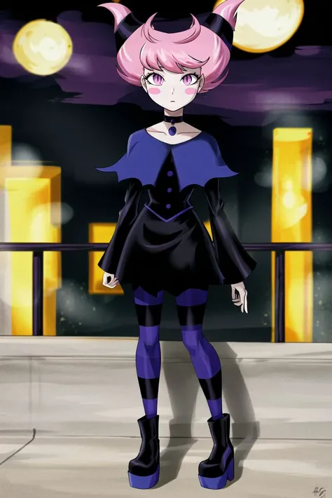 ((best quality)), ((highly detailed)), masterpiece, (detailed eyes, deep eyes), (1girl), full body, <lora:JinxTT:.9>, Jinx, pink hair, pink eyes, <lora:slit-pupils:1>, snake eyes, ((grey skin, colored skin)), blush stickers, choker, black dress, long sleeves, collarbone, purple capelet, striped pantyhose, purple pantyhose, black pantyhose, platform boots, outside, in a city, night sky