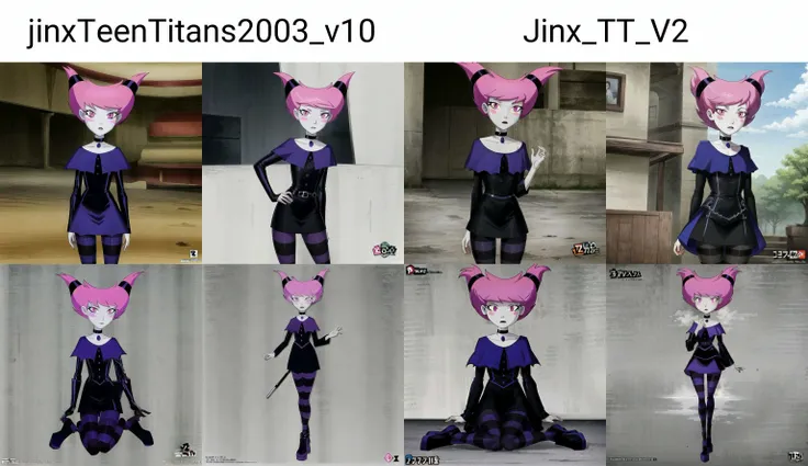 ((best quality)), ((highly detailed)), masterpiece, ((official art)), (detailed eyes, deep eyes), (1girl), (cowboy shot), <lora:jinxTeenTitans2003_v10:.7>, Jinx, pink hair, pink eyes, pale skin, blush stickers, choker, light-violet collar, violet dress, striped pantyhose, purple pantyhose, black pantyhose