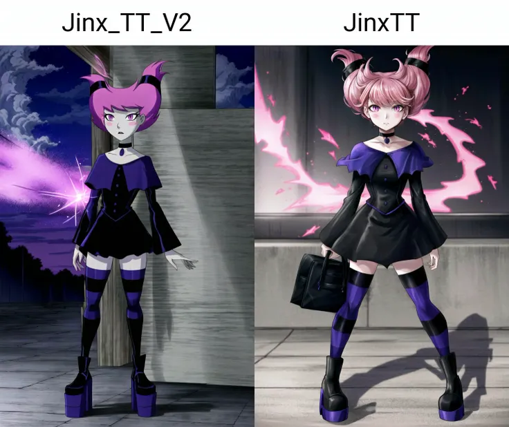 ((best quality)), ((highly detailed)), masterpiece, (detailed eyes, deep eyes), (1girl), full body, <lora:hairdetailer:.8>, <lora:Jinx_TT_V2:.85>, Jinx, pink hair, pink eyes, <lora:slit-pupils:1>, snake eyes, ((grey skin, colored skin)), blush stickers, choker, (pink sparks), black dress, long sleeves, collarbone, purple capelet, striped thighhighs, purple thighhighs, black thighhighs, platform boots, outside, in a city, night sky