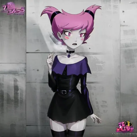 ((best quality)), ((highly detailed)), masterpiece, ((official art)), (detailed eyes, deep eyes), (1girl), (cowboy shot), <lora:Jinx_TT_V2:.75>, Jinx, pink hair, pink eyes, pale skin, blush stickers, choker, light-violet collar, violet dress, striped thighhighs, purple thighhighs, black thighhighs