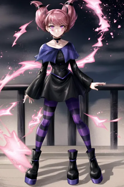 ((best quality)), ((highly detailed)), masterpiece, (detailed eyes, deep eyes), (1girl), full body, <lora:hairdetailer:.9>, <lora:JinxTT:.75>, Jinx, pink hair, pink eyes, <lora:slit-pupils:1>, snake eyes, ((grey skin, colored skin)), blush stickers, choker, (pink sparks), black dress, long sleeves, collarbone, purple capelet, striped pantyhose, purple pantyhose, black pantyhose, platform boots, outside, in a city, night sky