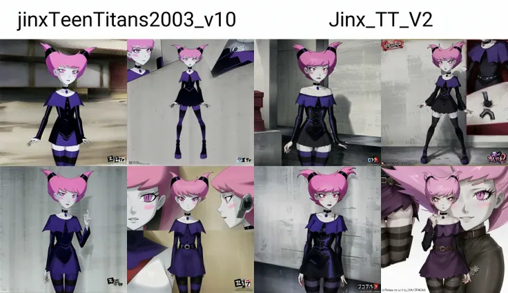 ((best quality)), ((highly detailed)), masterpiece, ((official art)), (detailed eyes, deep eyes), (1girl), (cowboy shot), <lora:jinxTeenTitans2003_v10:.8>, Jinx, pink hair, pink eyes, pale skin, blush stickers, choker, light-violet collar, violet dress, striped thighhighs, purple thighhighs, black thighhighs
