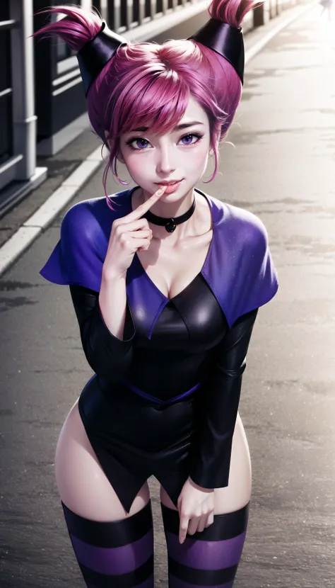 (cowboy shot), sfw, (masterpiece), (best quality:1.0), (ultra highres:1.0), detailed eyes,
BREAK
<lora:JinxTT-000008:0.7> JinxTT, (leaning forward), finger on lip, hand on thigh, looking at viewer, grinning, biting lip
choker, purple capelet, black dress, striped thighhighs, zettai ryoiki
BREAK
street, gorgeous view