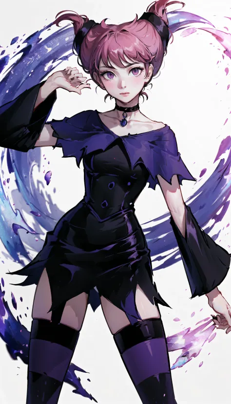 (cowboy shot), sfw, (masterpiece), (best quality:1.0), (ultra highres:1.0), detailed eyes,
BREAK
<lora:JinxTT-000008:0.8>Jinx,
purple capelet, black dress, choker, striped thighhighs
BREAK
abstract background