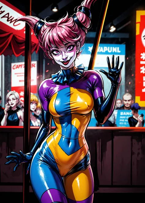 (cowboy shot), (masterpiece), (best quality:1.0), (ultra highres:1.0), highly detailed face and eyes, 
BREAK
<lora:JinxTT:0.8> JinxTT, pole dancing,
<lora:GesuGao, sadistic smile:0.5> [sadistic smile:10]
<lora:clown_V003_X:0.4> bodysuit, domino mask, clown costume, gloves, jester cap, black lipstick
<lora:more_details:0.5>
BREAK
carnival, Ferris wheel, crowd, storefront