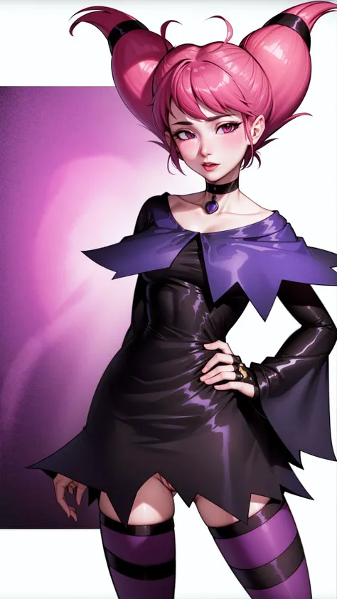 <lora:JinxTT:0.7>,Jinx,purple capelet,black dress,choker,striped thighhighs,abstract background,pussy,