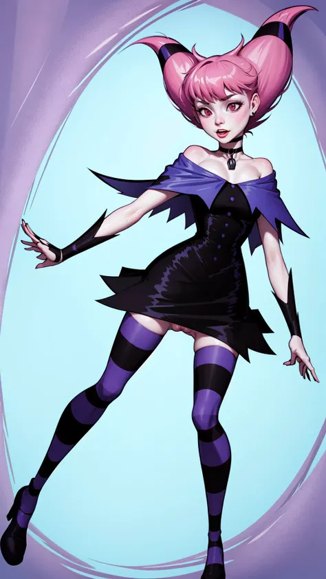 <lora:JinxTT:0.7>,Jinx,purple capelet,black dress,choker,striped thighhighs,abstract background,pussy,