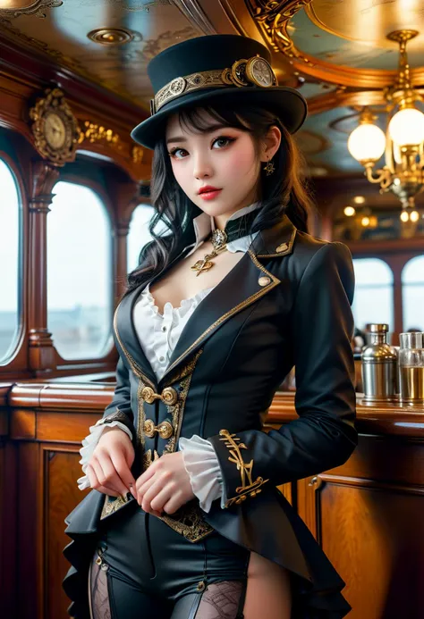 (medium full shot) of (bonnie young woman), korean with black hime cut hair, dark brown eyes, pale skin, curvy,             wearing a steampunk attire, Tailcoat with cogwheel buttons, pinstripe trousers with suspender, monocle pendant necklace, patent leather shoes, Steampunk top hat with goggles, from Steampunk frontier town, a rugged outpost on the edge of civilization, surrounded by untamed wilderness, surprised, open mouth, pointing her finger at the viewer,  set in  airship, Passenger Lounge, Opulent space with velvet-upholstered seats and ornate wood paneling, a bar stocked with fine spirits, a gramophone playing lively music, passengers mingling and enjoying the journey , at sunset, ,Masterpiece,best quality, photorealistic, amazing quality, very aesthetic, extremely detailed face,