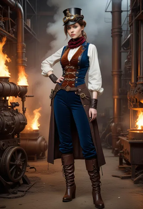 (medium full shot) of (sexy young woman), swedish, blue eyes, fair skin, tan skin, dark Blue eyes, normal build, short brown ponytail hair,  wearing a steampunk attire, Steam-powered bodice with copper tubing, velvet trousers with brass studs, velvet top hat with goggles, brass-buttoned boots, Gear-adorned scarf, from Industrial dystopia, a grim world where factories belch smoke and gears grind endlessly, ruled by corporate overlords, set in  Steam-powered Forge, Fiery furnace blazing with heat, anvils ringing with the sound of hammer blows, craftsmen shaping metal with skill and precision, the scent of molten metal and burning coal , smiling at the viewer, Masterpiece,best quality, photorealistic, amazing quality, very aesthetic, extremely detailed face,