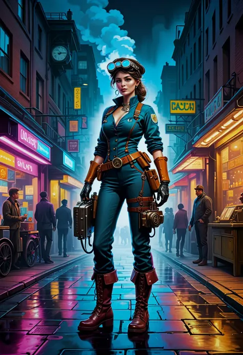 ( popart painting with bold colors and gradients in neon light by Andre Petrov) of a   woman,             wearing a steampunk attire, Engineer's jumpsuit with gear patches, leather belt with tool pouches, welding goggles, steel-toed boots, Clockwork prosthetic arm with articulated fingers, from Victorian London, amidst the smog-filled streets and bustling markets of the industrial revolution,             set in  Industrial City Streets, Bustling thoroughfares lined with towering factories, steam vents billowing clouds of vapor, gas lamps casting flickering light, a cacophony of machinery sounds , award winning, very aesthetic