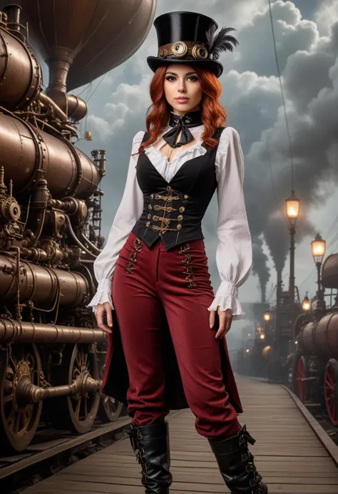 (medium full shot) of (sexy young woman), persian, tan skin, light brown eyes, petite build, medium red straight down hair,  wearing a steampunk attire, Victorian-style blouse with ruffled collar, velvet trousers with lace insets, velvet top hat with feather, lace-up Victorian boots, Steampunk top hat with goggles, from Industrial dystopia, a grim world where factories belch smoke and gears grind endlessly, ruled by corporate overlords, set in  Airship Deck, Wide expanse of polished wood planks, billowing canvas sails overhead, brass railings lining the perimeter, a panoramic view of the sky and clouds, the roar of engines and the rush of wind , at night, smiling at the viewer, Masterpiece,best quality, photorealistic, amazing quality, very aesthetic, extremely detailed face,