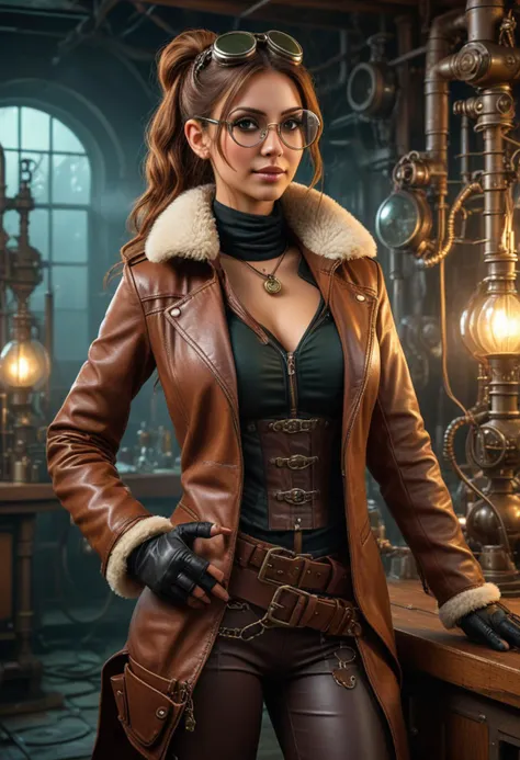 (medium full shot) of (lovely young woman), arabian, green eyes, tan skin, curvy, caramel skin, hazel eyes, Average build, extra long brown ponytail hair,  wearing a steampunk attire, Aviator jacket with fur trim, leather aviator pants, flight goggles, leather pilot boots, Clockwork prosthetic arm with articulated fingers, from Steampunk frontier town, a rugged outpost on the edge of civilization, surrounded by untamed wilderness, set in  Aquatic Alchemy Lab, Submerged laboratory where scientists conduct experiments and research, bubbling vats of mysterious liquids, mechanical arms and tentacles manipulating equipment, the glow of arcane energy illuminating the darkness  , smiling at the viewer, Masterpiece,best quality, photorealistic, amazing quality, very aesthetic, extremely detailed face,