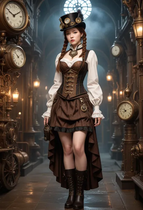 (medium full shot) of (esthetic young woman), korean, dark brown eyes, pale skin, fair skin, hazel eyes, normal build, long brown pigtails hair,  wearing a steampunk attire, Brocade corset with clock face embroidery, pleated skirt with pocket watch chain, bowler hat with brass goggles, buttoned ankle boots, Gear-adorned monocle with adjustable lenses, from Neo-Victorian metropolis, a futuristic cityscape blending Victorian aesthetics with advanced technology, set in  Steam-powered Grotto, Hidden cavern filled with treasures and wonders, crystals glowing with inner light, steam vents billowing clouds of vapor, the sound of water dripping and gears turning  , at night, surprised, open mouth, running toward the viewer, Masterpiece,best quality, photorealistic, amazing quality, very aesthetic, extremely detailed face,