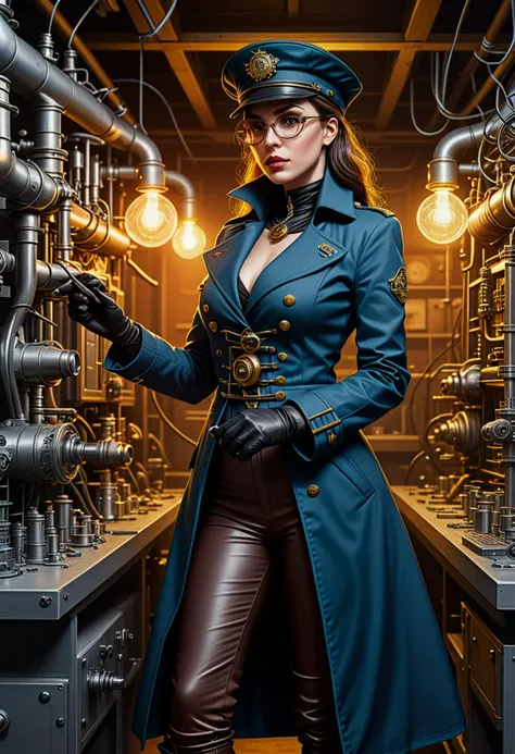 (stacked papercut art by kiri ken) of a   woman,             wearing a steampunk attire, Military trench coat with brass buttons, steampunk leggings with piping, officer's peaked cap with goggles, combat boots, Brass goggles with tinted lenses, from Industrial dystopia, a grim world where factories belch smoke and gears grind endlessly, ruled by corporate overlords,             set in  Aquatic Alchemy Lab, Submerged laboratory where scientists conduct experiments and research, bubbling vats of mysterious liquids, mechanical arms and tentacles manipulating equipment, the glow of arcane energy illuminating the darkness  , at sunset, award winning, very aesthetic