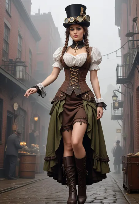 (medium full shot) of (attractive young woman), persian, mocha skin, green eyes, busty build, extra long brown dutch braid hair,  wearing a steampunk attire, Steampunk bodice with cogwheel accents, lace-trimmed skirt with bustle, top hat with clock hands, lace-up Victorian boots, Brass goggles with tinted lenses, from Victorian London, amidst the smog-filled streets and bustling markets of the industrial revolution, set in  airship, Crew Quarters, Cramped bunks stacked along the walls, hammocks swaying with the motion of the airship, the smell of oil and sweat, sailors swapping stories and playing cards during downtime , amidst a thick fog, laughing, squatting, Masterpiece,best quality, photorealistic, amazing quality, very aesthetic, extremely detailed face,