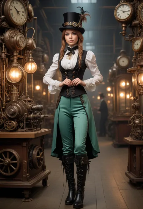 (medium full shot) of (lovely young woman), german, tan skin, mint green eyes, slim build, long hazel shag cut hair,  wearing a steampunk attire, Victorian-style blouse with ruffled collar, velvet trousers with lace insets, velvet top hat with feather, lace-up Victorian boots, Gear-adorned monocle with adjustable lenses, from Industrial dystopia, a grim world where factories belch smoke and gears grind endlessly, ruled by corporate overlords, set in  Mechanical Menagerie, Wondrous exhibits of clockwork animals and automata, lifelike creatures performing tricks and stunts, visitors marveling at the ingenuity of the creations , at night, laughing, arms crossed, Masterpiece,best quality, photorealistic, amazing quality, very aesthetic, extremely detailed face,