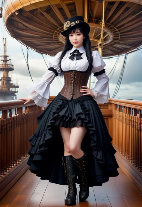 (medium full shot) of (angelic young woman), korean with black hime cut hair, dark brown eyes, pale skin, curvy, wearing a steampunk attire, Victorian blouse with lace collar, bustle skirt with gear appliques, cameo brooch, lace-up Victorian boots, Steampunk top hat with goggles, from Clockwork city of gears, a fantastical realm where clockwork constructs roam and steam-powered airships soar, smiling at the viewer, set in Airship Deck, Wide expanse of polished wood planks, billowing canvas sails overhead, brass railings lining the perimeter, a panoramic view of the sky and clouds, the roar of engines and the rush of wind , ,Masterpiece,best quality, photorealistic, amazing quality, very aesthetic, extremely detailed face,