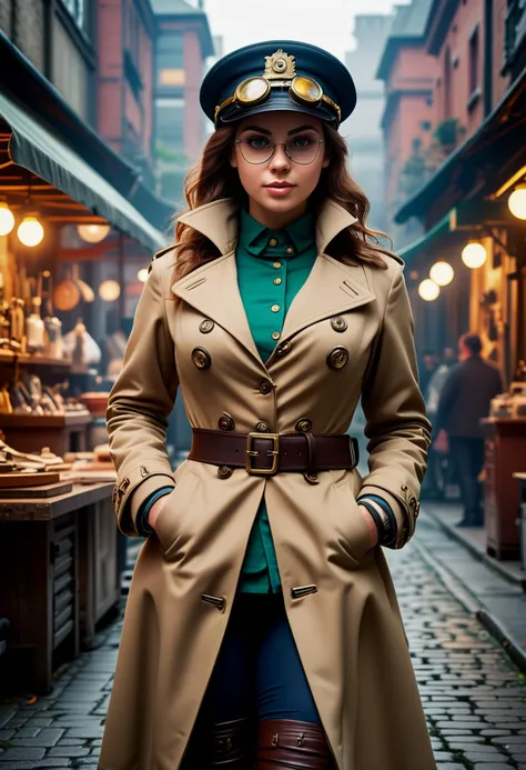 (medium full shot) of (vivacious young woman), italian with brown hair, green eyes, tan skin, curvy,             wearing a steampunk attire, Military trench coat with brass buttons, steampunk leggings with piping, officer's peaked cap with goggles, combat boots, Brass goggles with tinted lenses, from Victorian London, amidst the smog-filled streets and bustling markets of the industrial revolution, laughing, squatting,  set in  Inventor's Laboratory, Chaotic workspace cluttered with blueprints and prototypes, a workbench strewn with tools and half-finished projects, the hum of electricity and the hiss of steam, bursts of creativity in the air , at sunset, ,Masterpiece,best quality, photorealistic, amazing quality, very aesthetic, extremely detailed face,