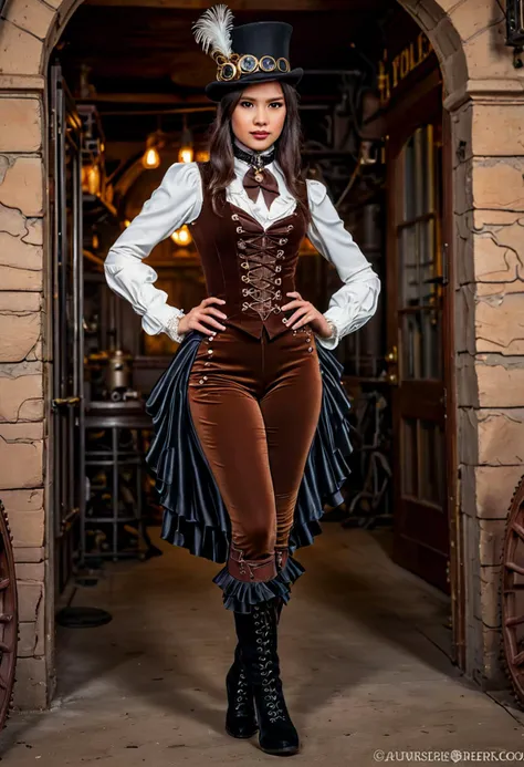 (medium full shot) of (supermodel young woman), thai with dark, straight hair, brown eyes, light brown skin, petite,             wearing a steampunk attire, Victorian-style blouse with ruffled collar, velvet trousers with lace insets, velvet top hat with feather, lace-up Victorian boots, Clockwork prosthetic arm with articulated fingers, from Steampunk frontier town, a rugged outpost on the edge of civilization, surrounded by untamed wilderness, smiling at the viewer,  set in  Steam-powered Grotto, Hidden cavern filled with treasures and wonders, crystals glowing with inner light, steam vents billowing clouds of vapor, the sound of water dripping and gears turning  , at night, ,Masterpiece,best quality, photorealistic, amazing quality, very aesthetic, extremely detailed face,