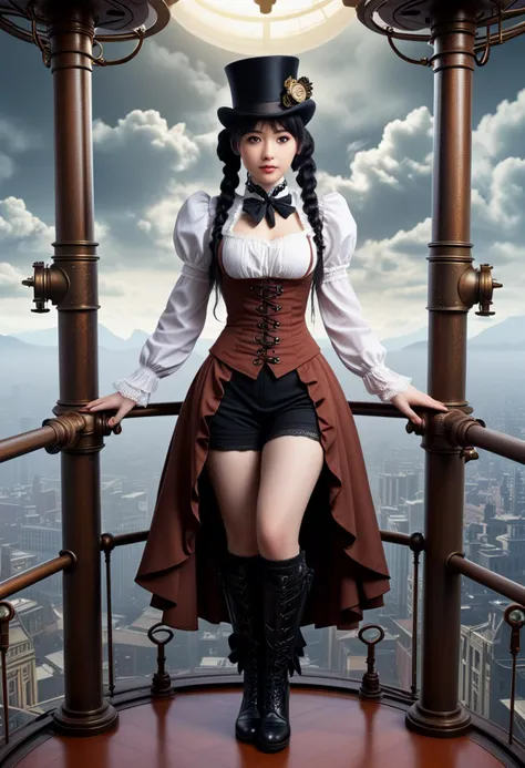 (medium full shot) of (esthetic young woman), japanese with black hair styled in twin-tails, dark brown eyes, pale skin, petite,             wearing a steampunk attire, Victorian-style blouse with ruffled collar, velvet trousers with lace insets, velvet top hat with feather, lace-up Victorian boots, Clockwork prosthetic arm with articulated fingers, from Steampunk sky city, a floating metropolis suspended high above the clouds, powered by steam and ingenuity, smiling at the viewer,  set in  laboratory, Steampunk Contraption Room, Gears and levers whirring and clicking, steam hissing from pipes and valves, a maze of interconnected machinery, a sense of wonder and possibility in the air , amidst a thick fog, ,Masterpiece,best quality, photorealistic, amazing quality, very aesthetic, extremely detailed face,