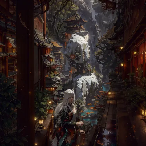 drafac52, 1boy, solo, medium shot, looking at viewer, light smile, noon, facing viewer, hand, bridge, maple, tree, white_hair, pagoda, water, architecture, rock garden, solo, east_asian_architecture,