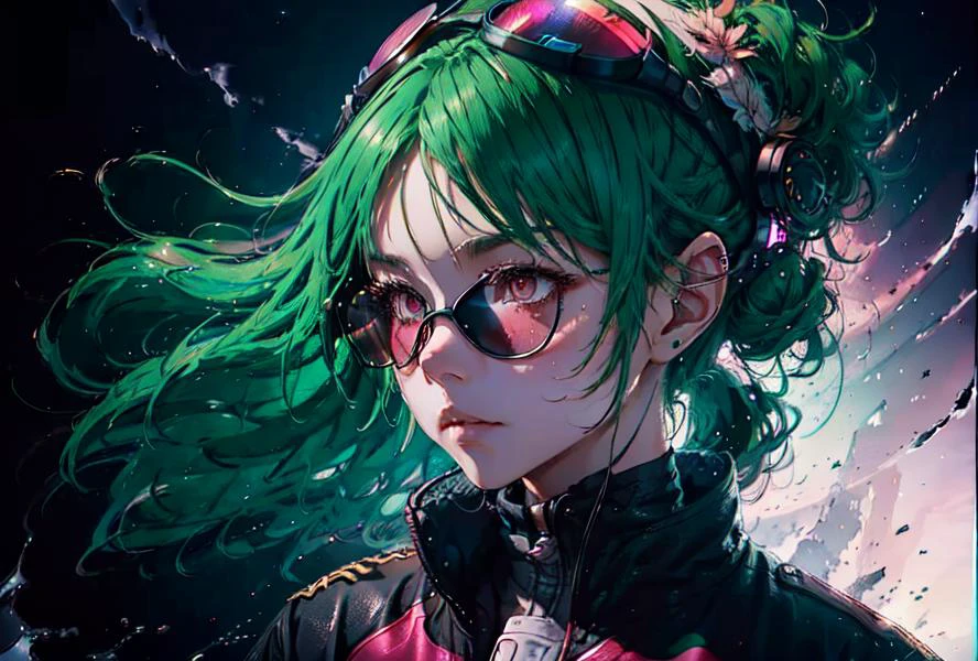 1girl, streaked hair, colored inner hair, green hair, ahoge, side ponytail, halo, goggles, bandage on, mole under eye, raised eyebrows,black leather jacket,white shorts,pink eyes, megaphone, spaceship, sunset, windy,sky,looking at viewer,
<lora:gachaSplashLORA_v40:0.8> <lora:lightAndShadow_v10:0.5> <lora:lightlineArtLora_v10:0.5> <lora:misayo3.0:0.2> <lora:yoneyamaMaiStyle_yoneyamaMaiV1Lora:0.2>,, (masterpiece, top quality, best quality, official art, beautiful and aesthetic:1.2), extreme detailed,colorful,highest detailed ((ultra-detailed)), (highly detailed CG illustration), ((an extremely delicate and beautiful)),cinematic light,(character focus),