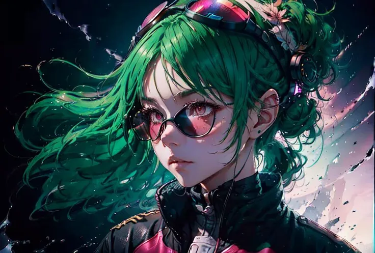 1girl, streaked hair, colored inner hair, green hair, ahoge, side ponytail, halo, goggles, bandage on, mole under eye, raised eyebrows,black leather jacket,white shorts,pink eyes, megaphone, spaceship, sunset, windy,sky,looking at viewer,
<lora:gachaSplashLORA_v40:0.8> <lora:lightAndShadow_v10:0.5> <lora:lightlineArtLora_v10:0.5> <lora:misayo3.0:0.2> <lora:yoneyamaMaiStyle_yoneyamaMaiV1Lora:0.2>,, (masterpiece, top quality, best quality, official art, beautiful and aesthetic:1.2), extreme detailed,colorful,highest detailed ((ultra-detailed)), (highly detailed CG illustration), ((an extremely delicate and beautiful)),cinematic light,(character focus),