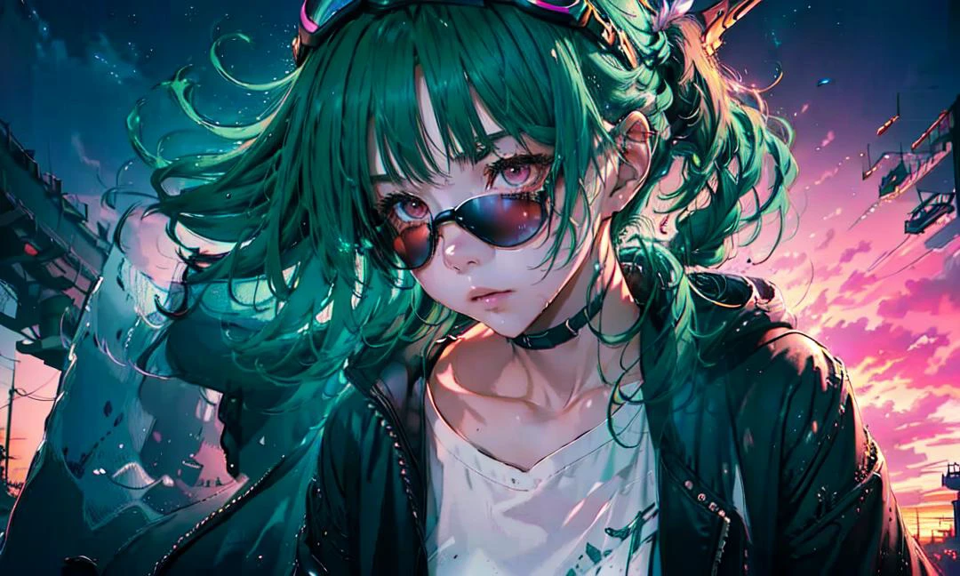 1girl, streaked hair, colored inner hair, green hair, ahoge, side ponytail, halo, goggles, bandage on, mole under eye, raised eyebrows,black leather jacket,white shorts,pink eyes, megaphone, spaceship, sunset, windy,sky,looking at viewer,
<lora:gachaSplashLORA_v40:0.8> <lora:lightAndShadow_v10:0.5> <lora:lightlineArtLora_v10:0.5> <lora:misayo3.0:0.2> <lora:yoneyamaMaiStyle_yoneyamaMaiV1Lora:0.2>,, (masterpiece, top quality, best quality, official art, beautiful and aesthetic:1.2), extreme detailed,colorful,highest detailed ((ultra-detailed)), (highly detailed CG illustration), ((an extremely delicate and beautiful)),cinematic light,(character focus),