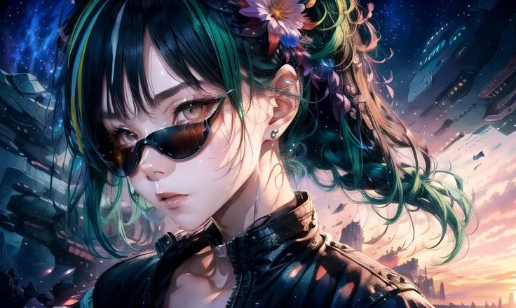 1girl, streaked hair, colored inner hair, green hair, ahoge, side ponytail, goggles, bandage on, mole under eye, raised eyebrows,black leather jacket,white shorts,pink eyes, megaphone, spaceship, sunset, windy,sky,looking at viewer,
<lora:gachaSplashLORA_v40:0.8> <lora:lightAndShadow_v10:0.5> <lora:lightlineArtLora_v10:0.5> <lora:add_detail:0.7>, (masterpiece, top quality, best quality, official art, beautiful and aesthetic:1.2), extreme detailed,colorful,highest detailed ((ultra-detailed)), (highly detailed CG illustration), ((an extremely delicate and beautiful)),cinematic light,(character focus),, (masterpiece, sidelighting, finely detailed beautiful eyes: 1.2), masterpiece*portrait, realistic, 3d face, lustrous skin,