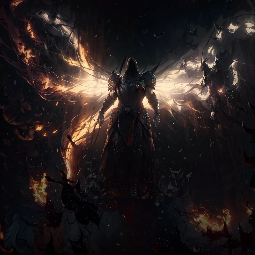 standing in front of a giant flames butterfly in a dark room with a light shining on him and a giant butterfly in the background , distant pose , masterpiece , extremyl detailed , enraged , Diablo game