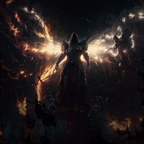 standing in front of a giant flames butterfly in a dark room with a light shining on him and a giant butterfly in the background , distant pose , masterpiece , extremyl detailed  , enraged , Diablo game